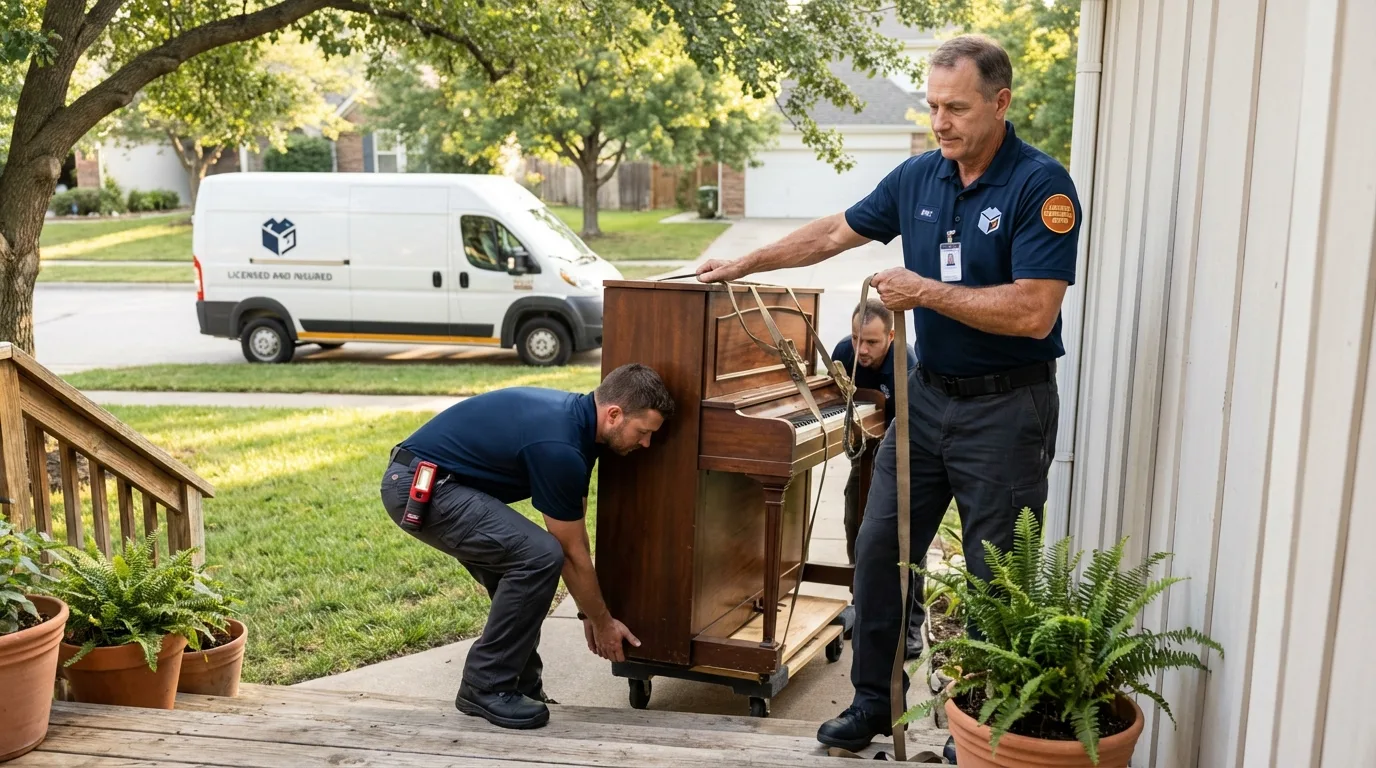 Licensed piano movers securing grand piano in Saint James, MN