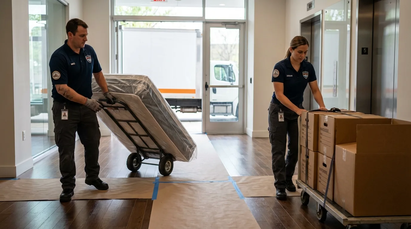 Professional apartment movers loading elevator in Saint James, MN