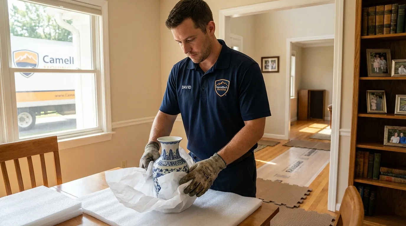 Professional crew carefully wrapping antique vase for senior downsizing move in Saint James, MN